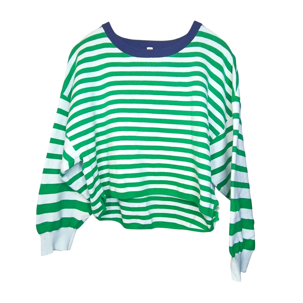 Daily Practice Preppy Boxy Cropped Striped Green and White Crew Neck Sweater 1X